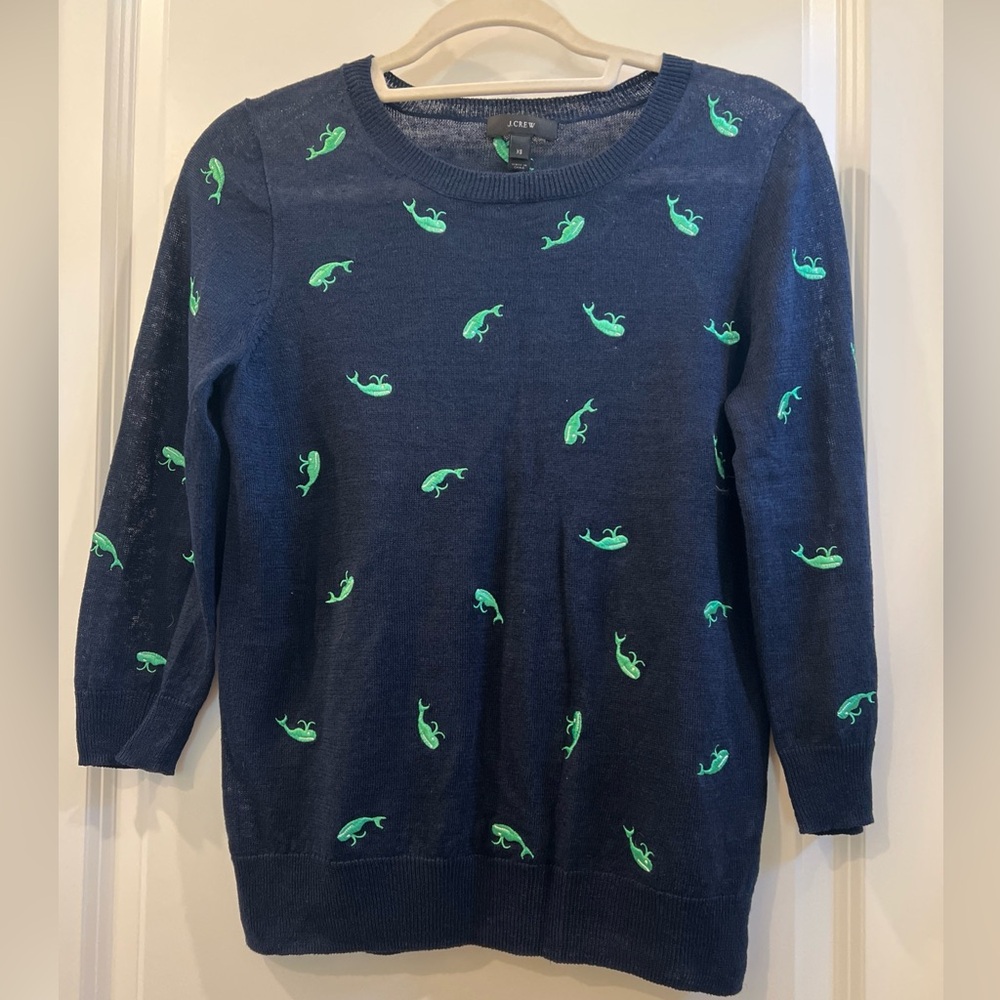 J. Crew Navy Knit with Green embroidered whales xs